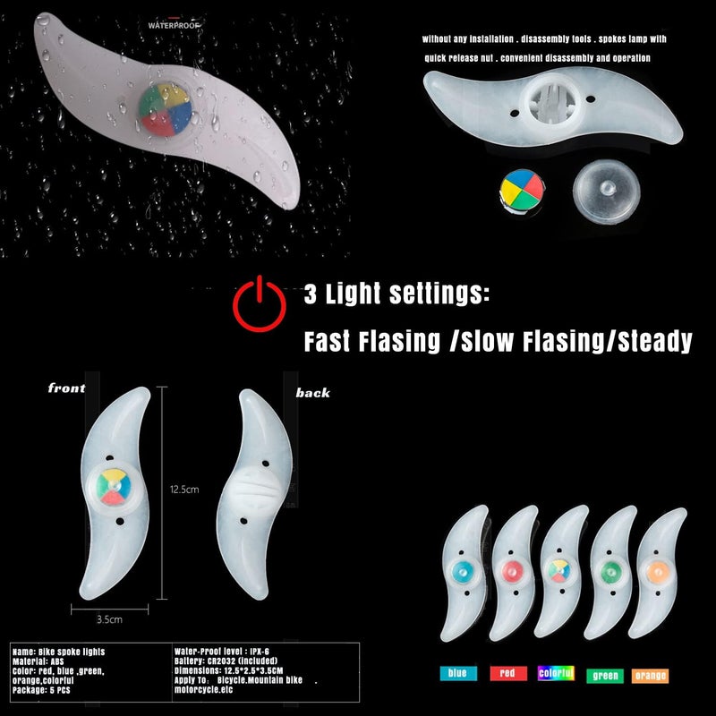 Constefire 5PCS Colorful LED Bike Wheel Light, Waterproof Easy Install Bicycles Wheel Spoke LED Lights with 3 Modes, for Bicycle Spoke Decoration Safety and Warning at Night - Image 2