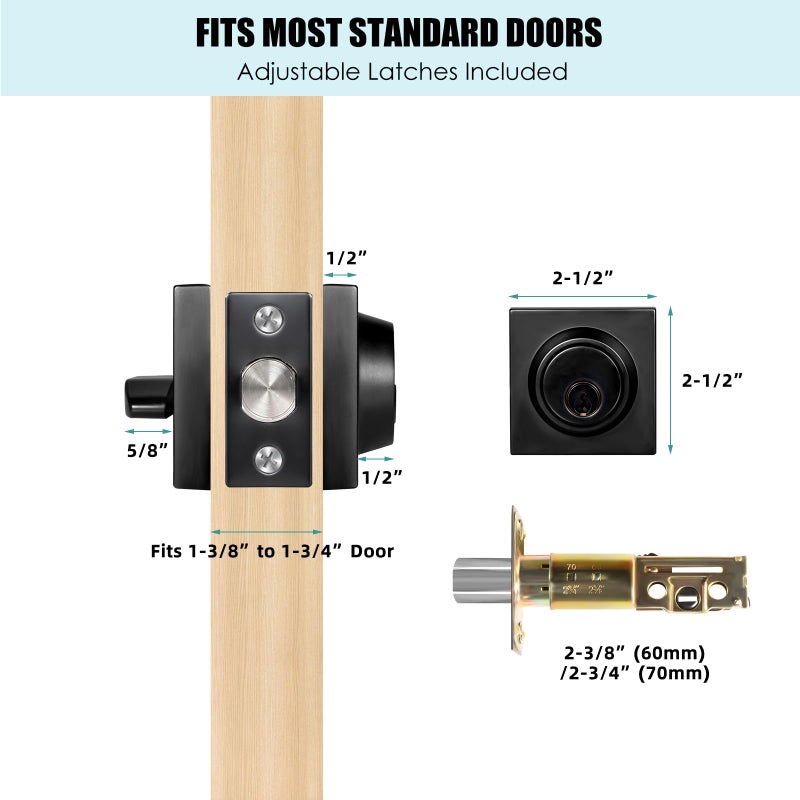 TooCust Matte Black Square Deadbolt Lock 2 Pack, Keyed Alike Single Cylinder Deadbolt Lock for Front Door Entrance, Modern Keyed Dead Bolt for Exterior & Interior, Keyed 1 Side - Image 4