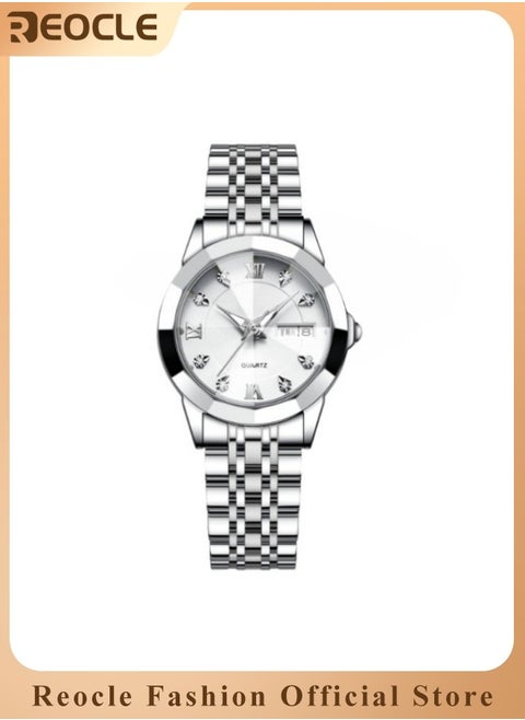Women's Diamonds Quartz Watch Iced-Out Watch with Round Diamond Dial & Luxury Stainless Steel & Date & Waterproof