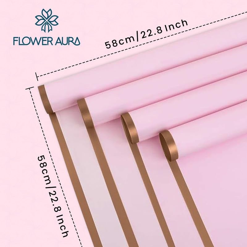 FlowerAura Designer Waterproof Pink With Golden Border Korean Wrapping Paper For Flower Bouquet Wrapping Paper, Gift Wrapping Paper, DIY Handmade Paper, Artistic & Florist Creation Paper (Set of 20) - Image 3