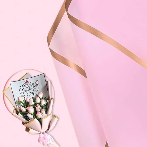 FlowerAura Designer Waterproof Pink With Golden Border Korean Wrapping Paper For Flower Bouquet Wrapping Paper, Gift Wrapping Paper, DIY Handmade Paper, Artistic & Florist Creation Paper (Set of 20) - Image 1