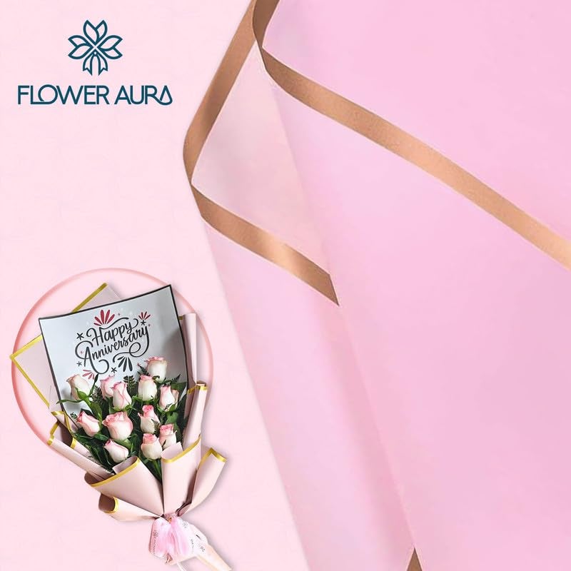 FlowerAura Designer Waterproof Pink With Golden Border Korean Wrapping Paper For Flower Bouquet Wrapping Paper, Gift Wrapping Paper, DIY Handmade Paper, Artistic & Florist Creation Paper (Set of 20) - Image 2