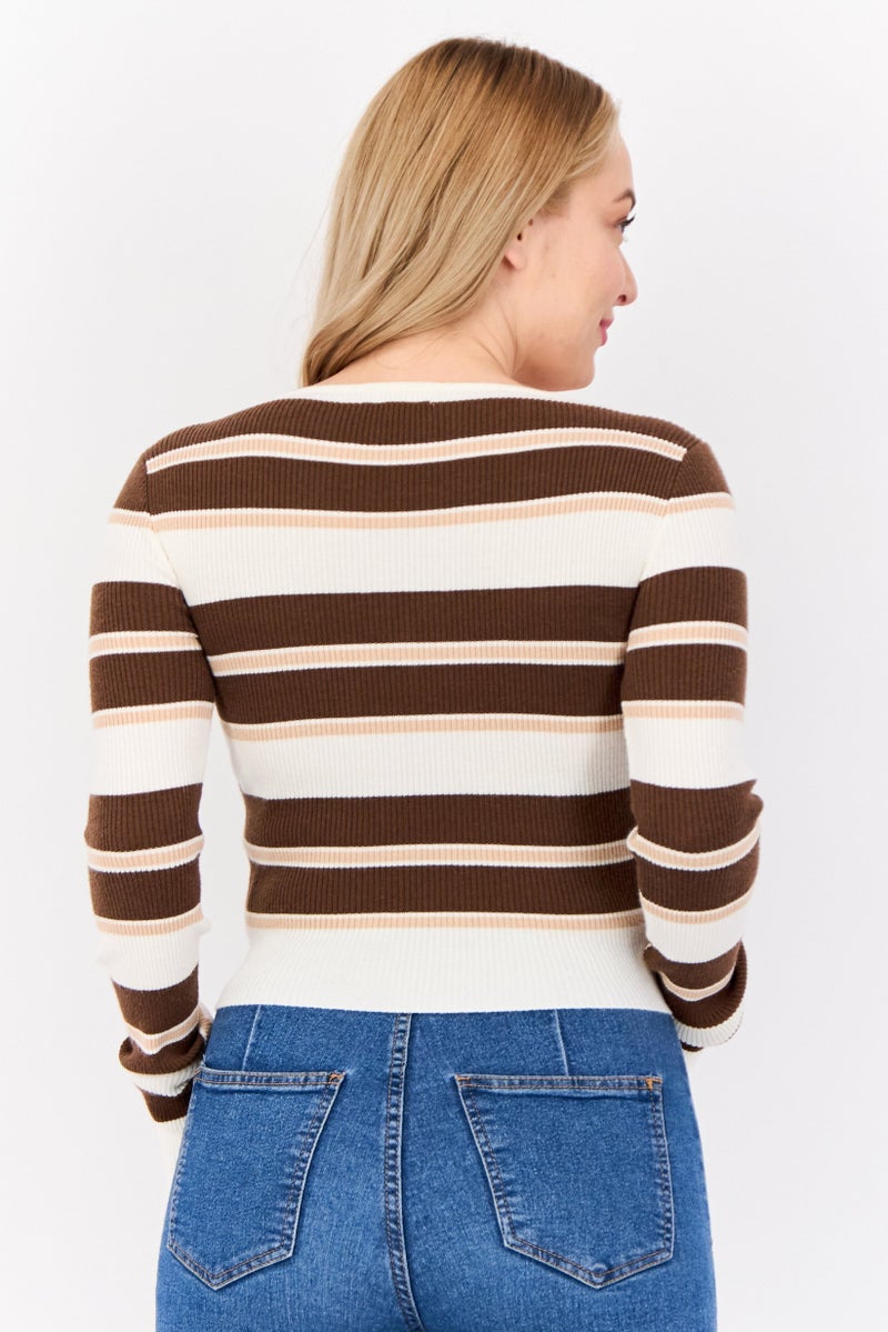 No Comment Women Round Neck Long Sleeves Yarn Dye Sweater, Multicolor - Image 4