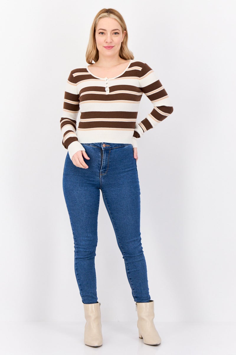 No Comment Women Round Neck Long Sleeves Yarn Dye Sweater, Multicolor - Image 2