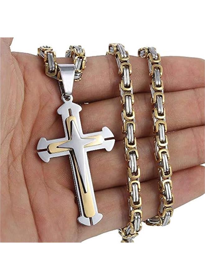 Arabest Mens Cross Pendant Necklace Stainless Steel Gold Silver Byzantine Chain 22-30inch - Image 2