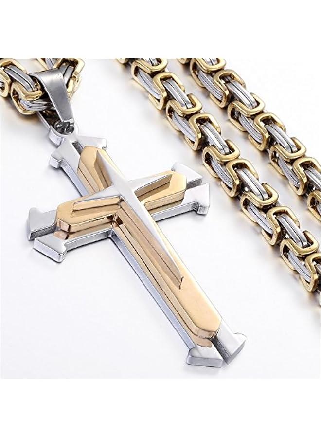 Arabest Mens Cross Pendant Necklace Stainless Steel Gold Silver Byzantine Chain 22-30inch - Image 3