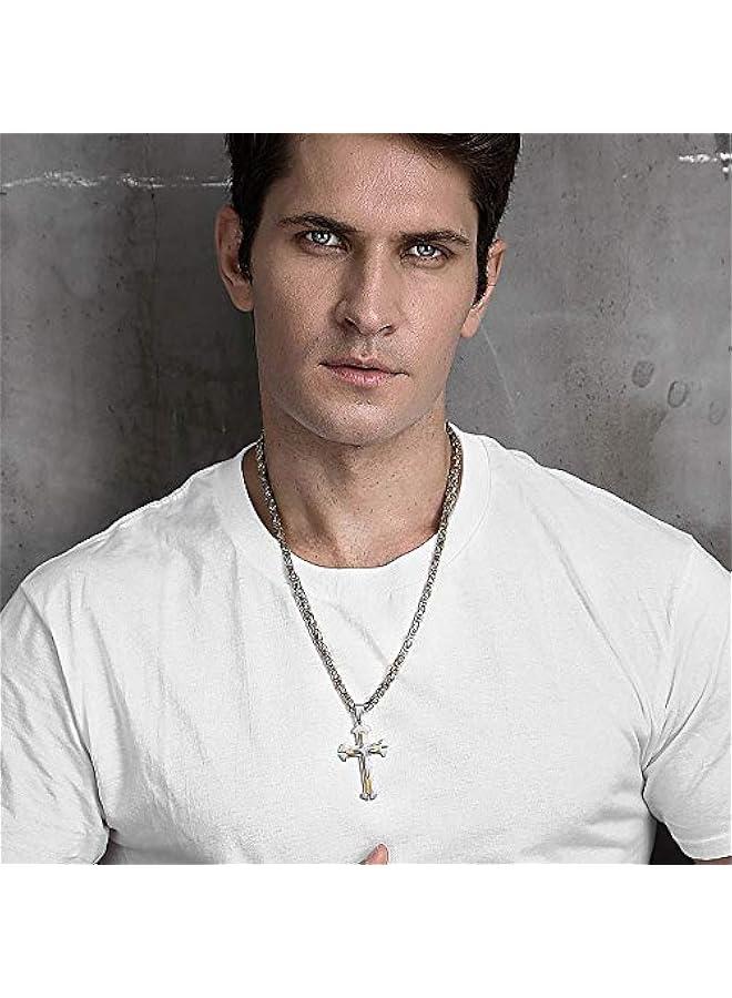 Arabest Mens Cross Pendant Necklace Stainless Steel Gold Silver Byzantine Chain 22-30inch - Image 5