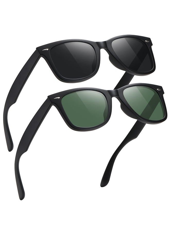 MEETSUN Polarized Sunglasses for Men Women Classic Retro Sun Glasses for Driving Fishing UV Protection, 2 Pack Matte Black Frame Grey Lens + Green Lens, Standard - Image 1