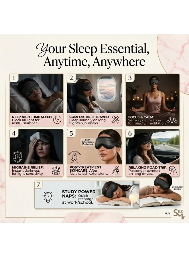 Silk Me  Silk Me 100% Pure Mulberry Silk Sleep Mask - Eye Mask for Women/Man with stretchable band - Blackout Sleep Mask - 3D shape for added comfort (Black)  | Best Price UAE