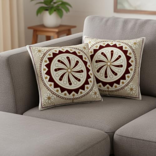 Purpledip Cotton Throw Pillow Cushion Covers 'Radial Orange': Ethnic Design Embroidery, Set of 2, 16 Inches (12445C) - Image 1