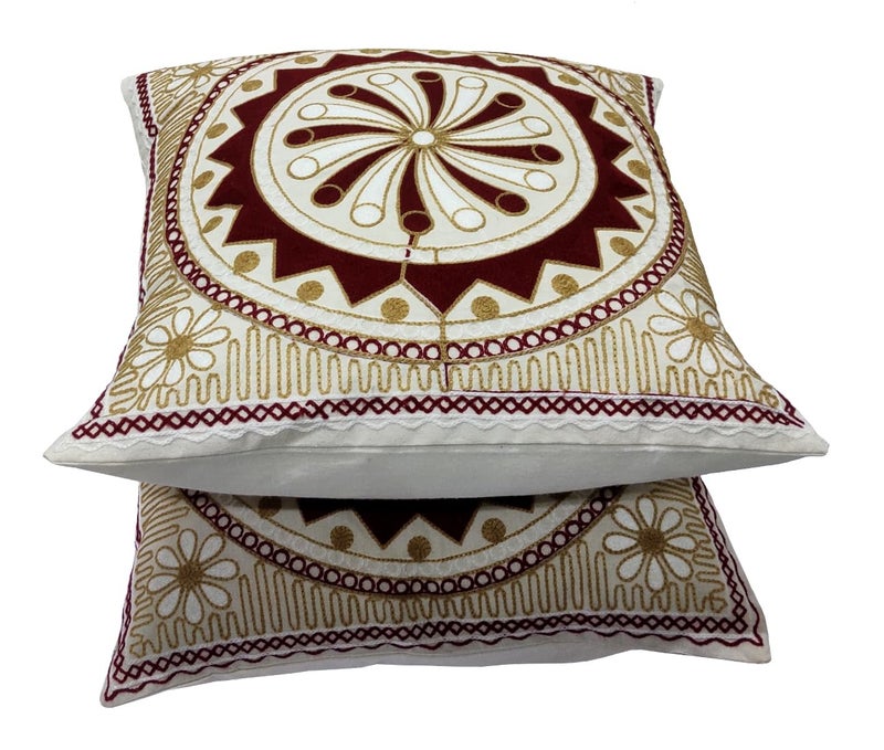 Purpledip Cotton Throw Pillow Cushion Covers 'Radial Orange': Ethnic Design Embroidery, Set of 2, 16 Inches (12445C) - Image 3