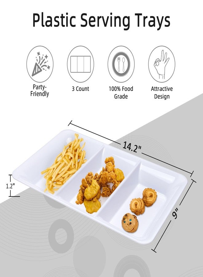 Lullaby 3 Sectional Plastic Serving Tray 14.2" x 9", 3 Pack White Serving Platters for Cheese Cracker Food, Durable and Reusable - Image 2