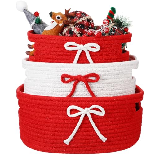 Breling 3 Pieces Valentines Day Gift Basket Coquette Bow Laundry Hamper Cotton Rope Storage Woven Rope Bin with Handles for Decoration Organization Storage for Nursery Pet Toy BasketRed White - Image 1