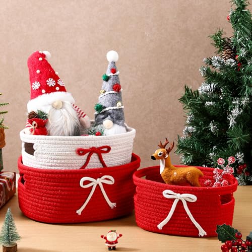 Breling 3 Pieces Valentines Day Gift Basket Coquette Bow Laundry Hamper Cotton Rope Storage Woven Rope Bin with Handles for Decoration Organization Storage for Nursery Pet Toy BasketRed White - Image 3