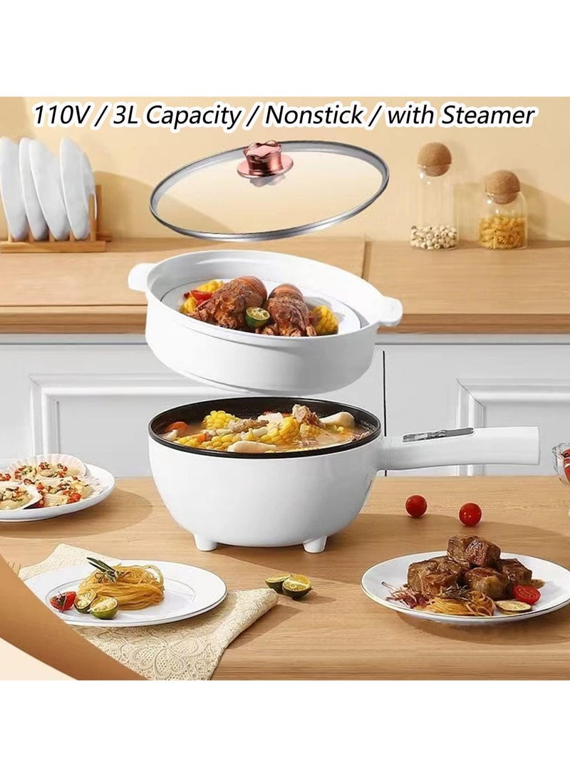 Electric Hot Pot with Steamer & Temperature Control Non-Stick Cooker Shabu Shabu Skillet Frying Pan Electric Saucepan for Noodles Egg Steak Saute Steam and Soup (3L White) - Image 3