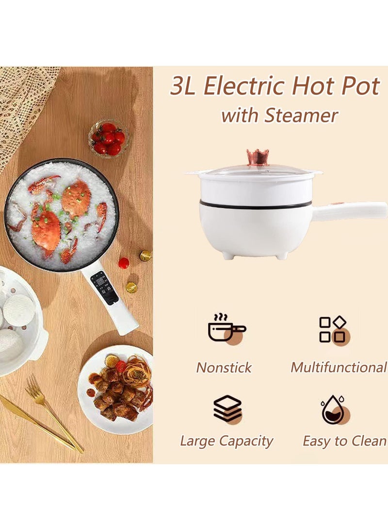 Electric Hot Pot with Steamer & Temperature Control Non-Stick Cooker Shabu Shabu Skillet Frying Pan Electric Saucepan for Noodles Egg Steak Saute Steam and Soup (3L White) - Image 4
