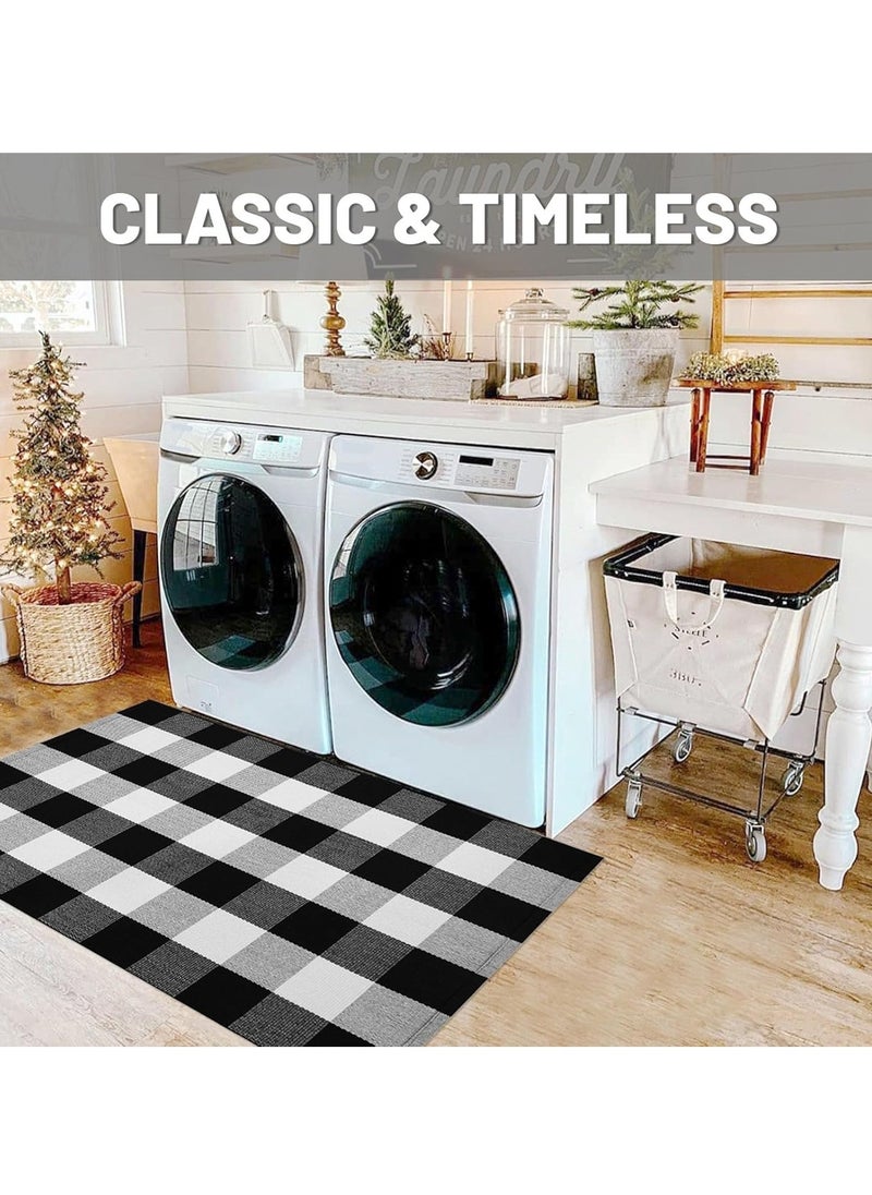 Generic 40*60cm Plain Plaid Floor Mat Home Porch Carpet Festive Atmosphere Decorative Carpet Washable Woven Outdoor Indoor Welcome Mat Suitable for Front Door/Farmhouse/Entrance/Home Entrance Outdoor Carpet (Black and white grid)  - Image 3
