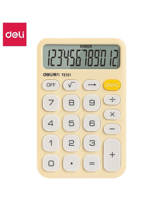 Deli TE121 Card-Sized Slim Calculator with 12-Digit Display, Manual Power Off & Anti-Slip Base - Yellow