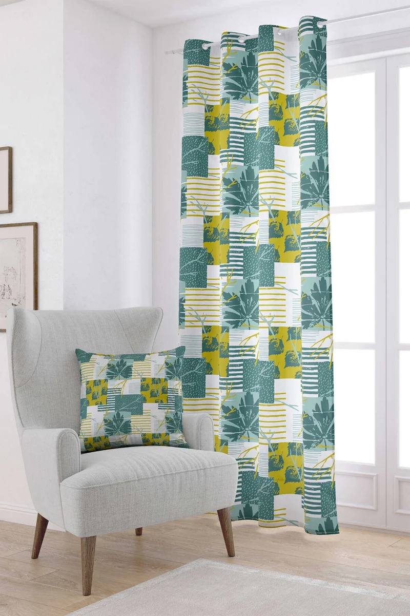 Cango Home Green Yellow Decorative Leaf Patterned Digital Printed Curtain CGH1198-PR