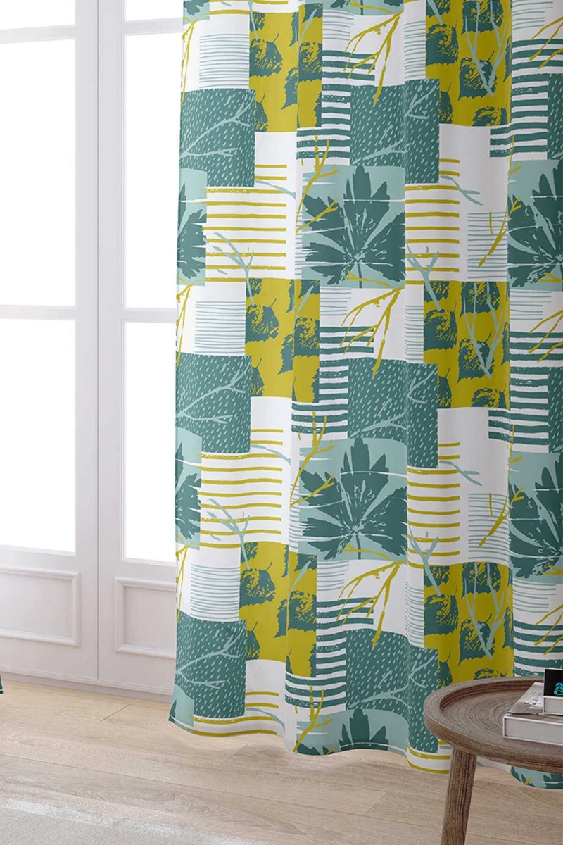Cango Home Green Yellow Decorative Leaf Patterned Digital Printed Curtain CGH1198-PR