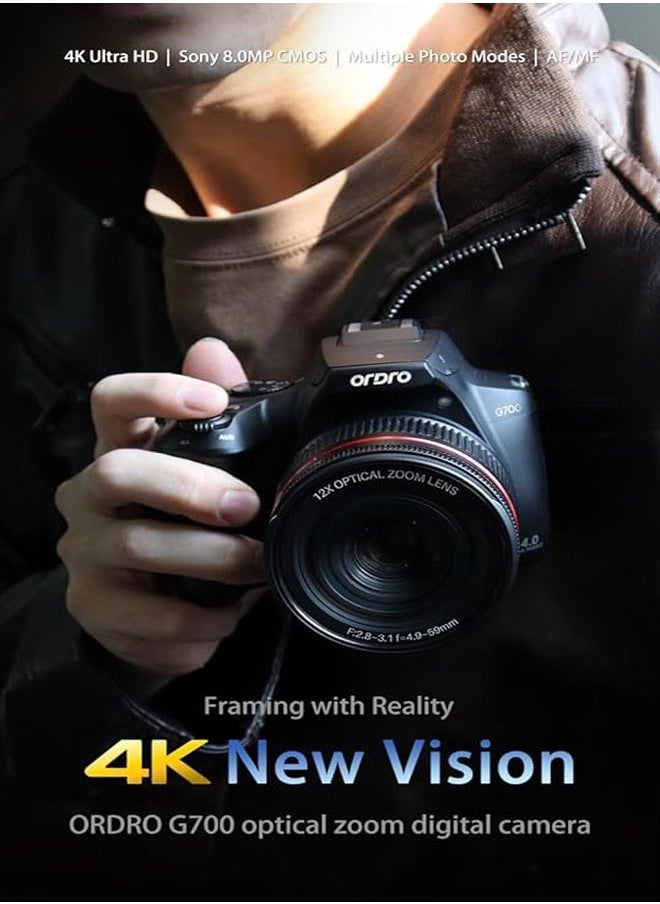 ORDRO - G700 Digital Camera, 4k Ultra HD Camera for Photography with 12 Optical Zooms, 64MP WiFi Vlog Camera for YouTube with Foldalbe Screen - Image 1