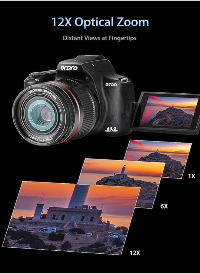 ORDRO - G700 Digital Camera, 4k Ultra HD Camera for Photography with 12 Optical Zooms, 64MP WiFi Vlog Camera for YouTube with Foldalbe Screen - Image 1