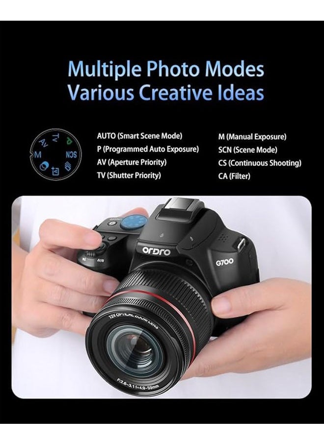 ORDRO - G700 Digital Camera, 4k Ultra HD Camera for Photography with 12 Optical Zooms, 64MP WiFi Vlog Camera for YouTube with Foldalbe Screen - Image 1