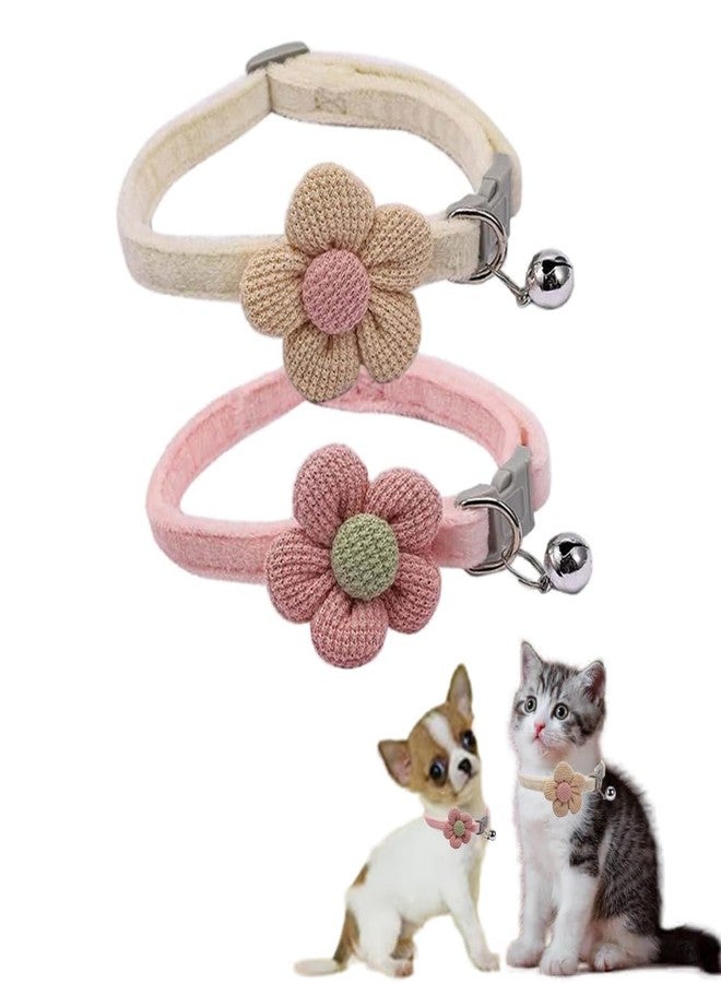 cyhaen XXS Dog Collar with Bell,(2 Pack Pink+Beige) Xs Cat Collar with Bells Flower Suede Girl Cute Fancy Puppy Collar with Bells for XXS XS Tiny Little Kitten Pet Female Dogs,Neck 8-12 Inch - Image 1