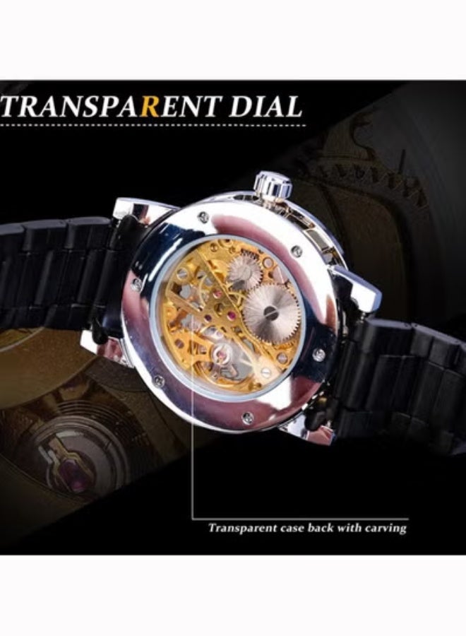 Winner Retro Manual Mechanical Skeleton Watch with Diamond and Carving Flower Craft, Men's Mechanical Wristwatch,Men Skeleton Wrist Watch Mechanical Classic Roman Number(Black) - Image 5