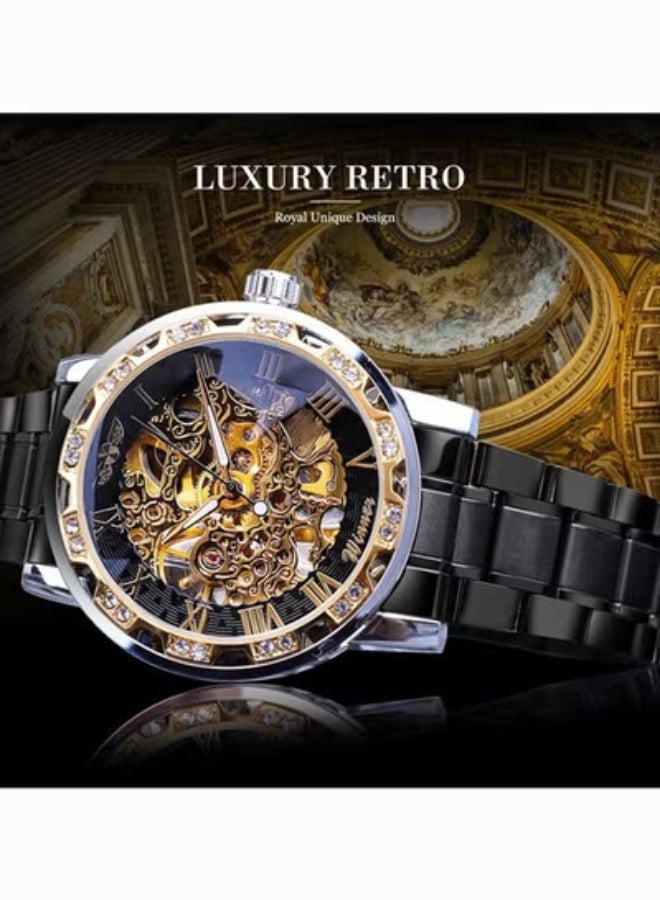 Winner Retro Manual Mechanical Skeleton Watch with Diamond and Carving Flower Craft, Men's Mechanical Wristwatch,Men Skeleton Wrist Watch Mechanical Classic Roman Number(Black) - Image 2