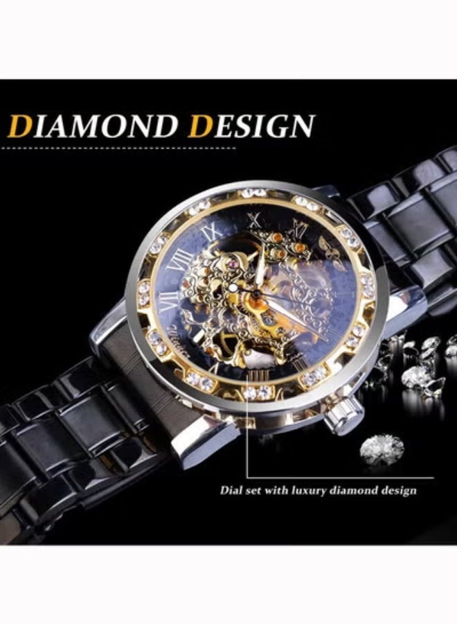 Winner Retro Manual Mechanical Skeleton Watch with Diamond and Carving Flower Craft, Men's Mechanical Wristwatch,Men Skeleton Wrist Watch Mechanical Classic Roman Number(Black) - Image 3