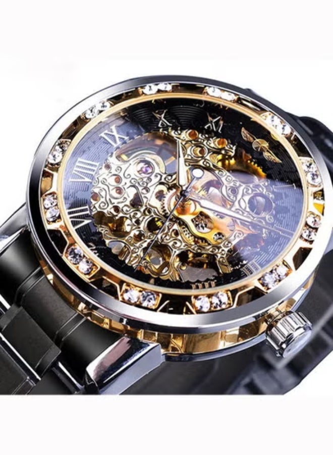 Winner Retro Manual Mechanical Skeleton Watch with Diamond and Carving Flower Craft, Men's Mechanical Wristwatch,Men Skeleton Wrist Watch Mechanical Classic Roman Number(Black) - Image 1