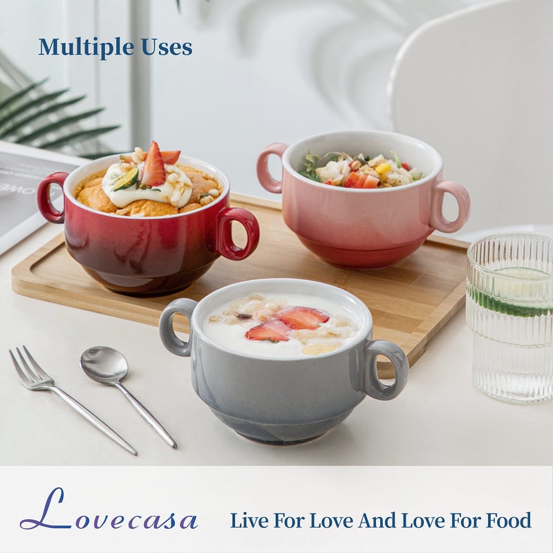 LOVECASA Multi-Color Soup Bowls with Handles  Small Ceramic French Onion Soup Bowls  13 OZ Soup Mugs Serving Bowls for Kitchen  Microwave & Dishwasher Safe  Set of 6 - Image 3