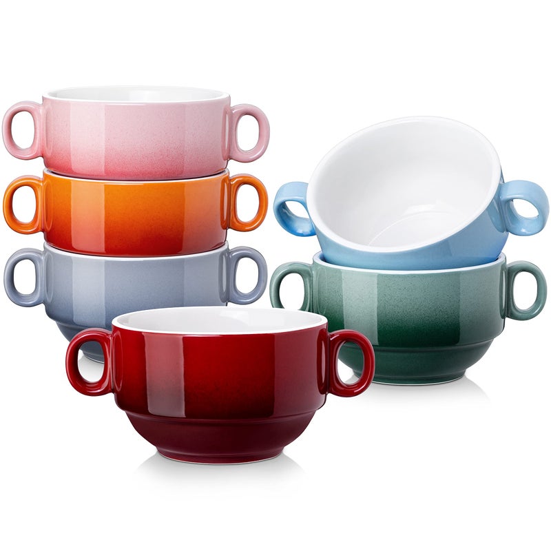 LOVECASA Multi-Color Soup Bowls with Handles  Small Ceramic French Onion Soup Bowls  13 OZ Soup Mugs Serving Bowls for Kitchen  Microwave & Dishwasher Safe  Set of 6 - Image 2