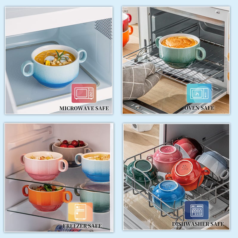 LOVECASA Multi-Color Soup Bowls with Handles  Small Ceramic French Onion Soup Bowls  13 OZ Soup Mugs Serving Bowls for Kitchen  Microwave & Dishwasher Safe  Set of 6 - Image 5
