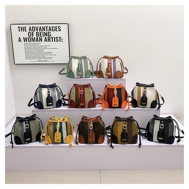 Striped Contrast Color Handheld Bucket Bag For Women 2023 Autumn New Korean Fashionable Single Shoulder Crossbody Bag - Image 2