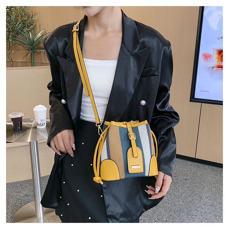 Striped Contrast Color Handheld Bucket Bag For Women 2023 Autumn New Korean Fashionable Single Shoulder Crossbody Bag - Image 1