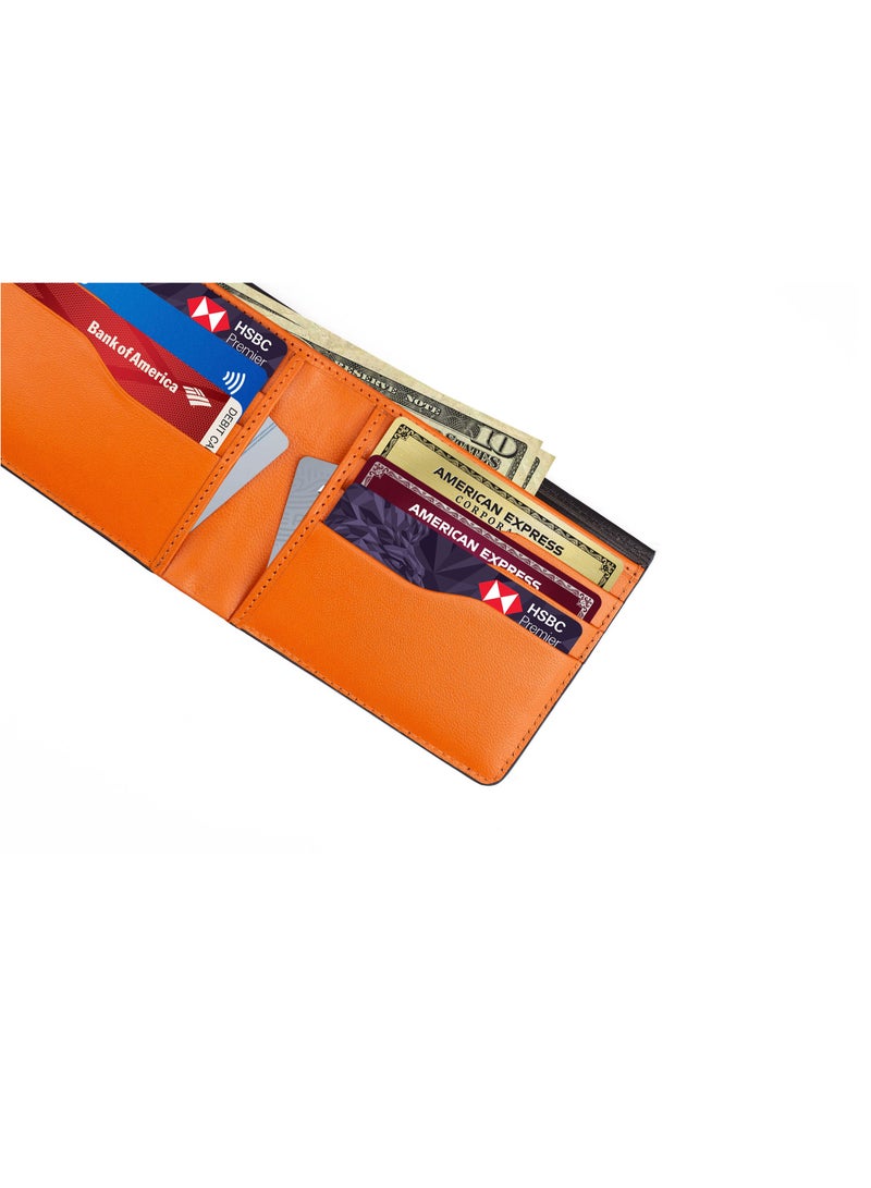 SKENZBI Slim Wallet for Men Genuine Leather Bifold Rfid Protected Purse Black Orange - Image 3