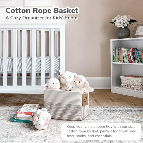 Goodpick Woven Storage Basket Cotton Rope Baby Laundry Basket for Toy Storage 13 x 10 x 9 Rectangle Stylish Gift Baskets with Handles Decorative Clothes Organizer for Bedroom - Image 3