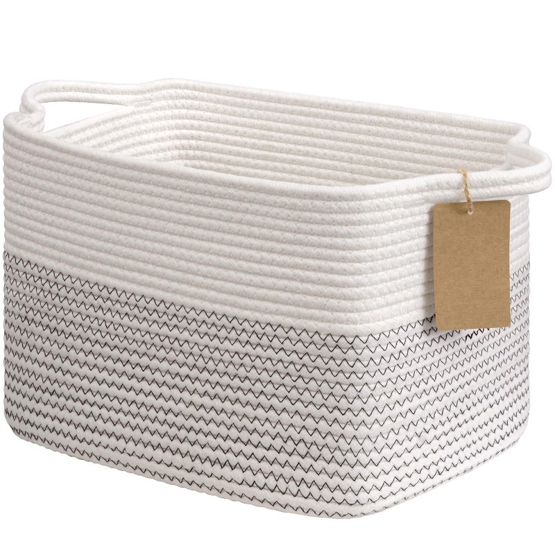 Goodpick Woven Storage Basket Cotton Rope Baby Laundry Basket for Toy Storage 13 x 10 x 9 Rectangle Stylish Gift Baskets with Handles Decorative Clothes Organizer for Bedroom - Image 2