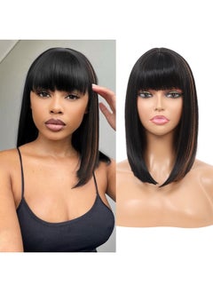 Kalyss Bob Short Synthetic Hair Wig For Black Women Heat Resistant With Hair Bangs (Black With Medium Auburn Brown Strips)  - Image 1