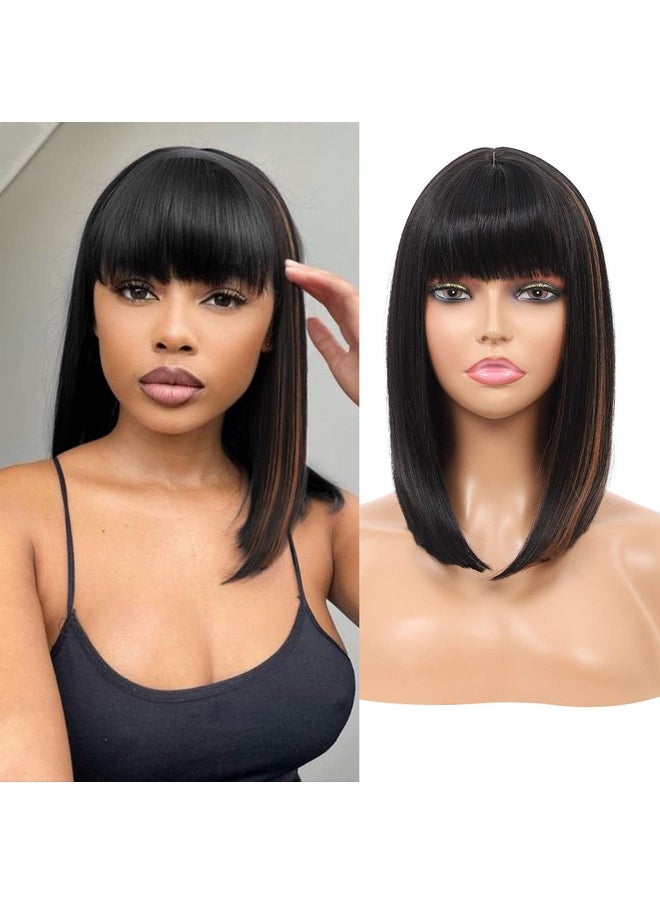 Kalyss Bob Short Synthetic Hair Wig For Black Women Heat Resistant With Hair Bangs (Black With Medium Auburn Brown Strips)  - Image 1