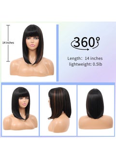 Kalyss Bob Short Synthetic Hair Wig For Black Women Heat Resistant With Hair Bangs (Black With Medium Auburn Brown Strips)  - Image 5