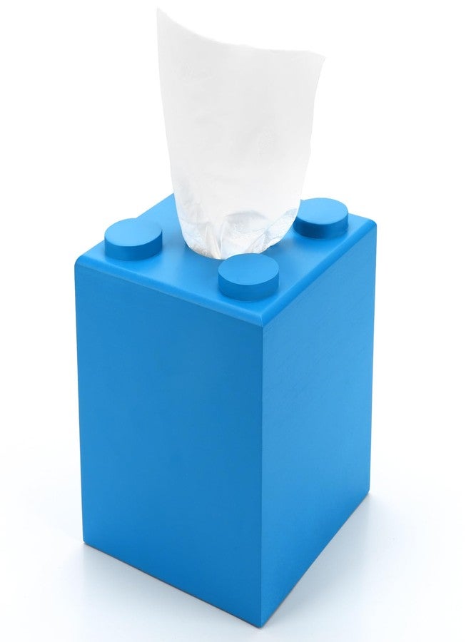 CypherX Wood Tissue Box Cover, Tissue Box Cover Square, Building Blocks Tissue Box Holder with Slide-Out Bottom, Cute Home Decor for Bathroom Living Room Office Kitchen (Blue, Small) - Image 1