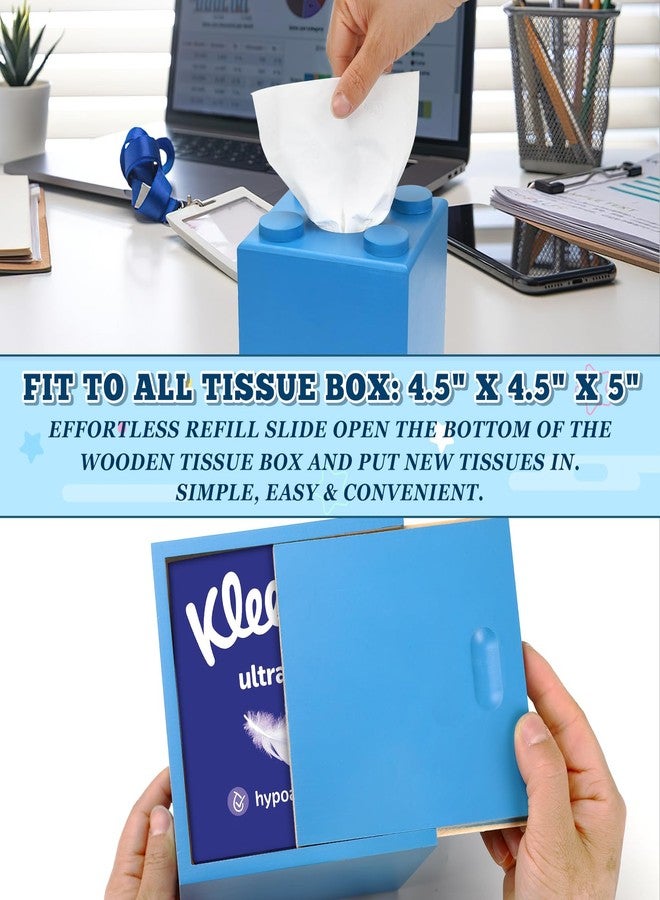 CypherX Wood Tissue Box Cover, Tissue Box Cover Square, Building Blocks Tissue Box Holder with Slide-Out Bottom, Cute Home Decor for Bathroom Living Room Office Kitchen (Blue, Small) - Image 4