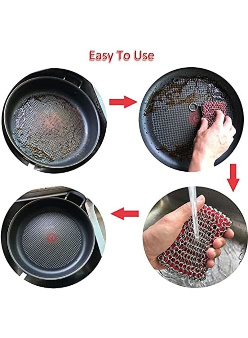 Luckam Cast Iron Skillet Cleaner, Upgraded Chainmail Scrubber Chain Scrub Cast Iron Pan 316 Stainless Steel Metal Scraper Brush for Cleaning Castiron Pan, Griddle, Kitchen Cookware (Red) - Image 4