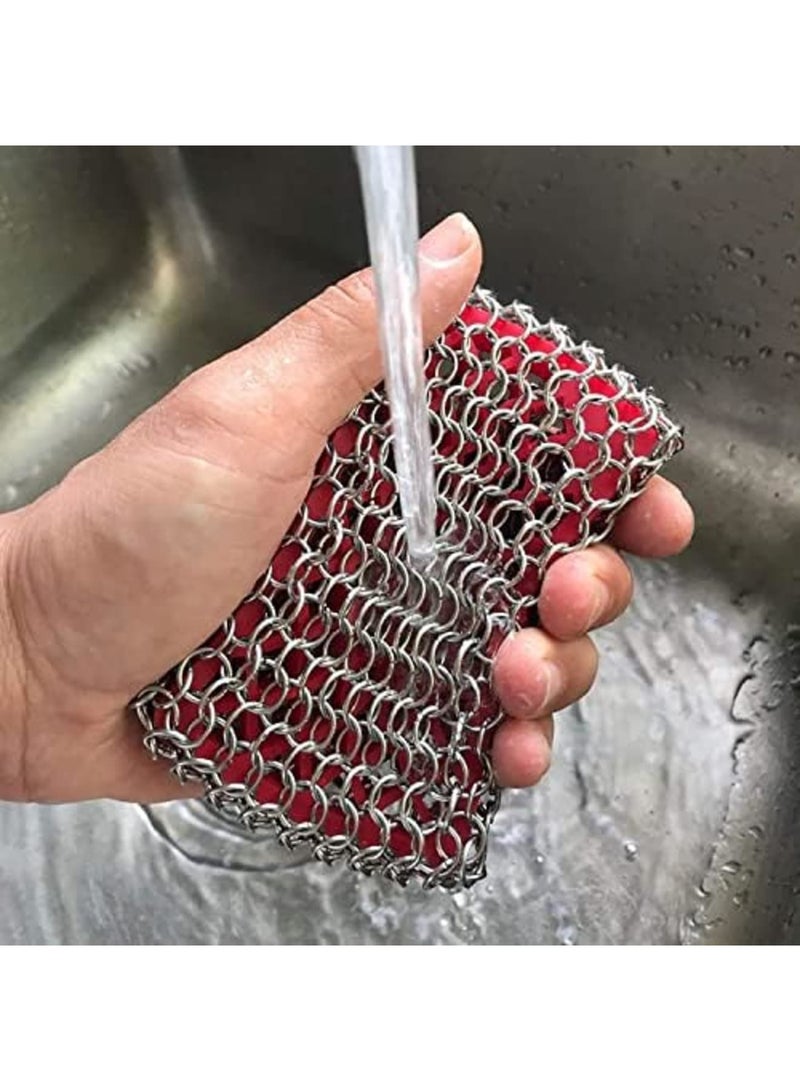 Luckam Cast Iron Skillet Cleaner, Upgraded Chainmail Scrubber Chain Scrub Cast Iron Pan 316 Stainless Steel Metal Scraper Brush for Cleaning Castiron Pan, Griddle, Kitchen Cookware (Red) - Image 3
