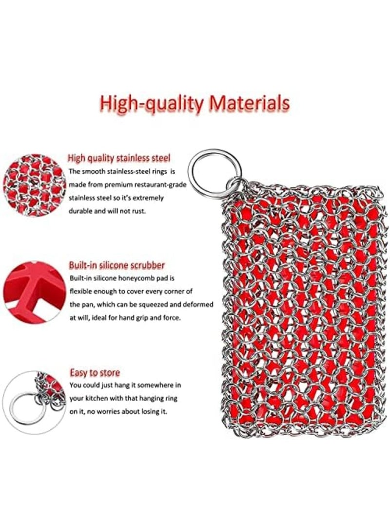 Luckam Cast Iron Skillet Cleaner, Upgraded Chainmail Scrubber Chain Scrub Cast Iron Pan 316 Stainless Steel Metal Scraper Brush for Cleaning Castiron Pan, Griddle, Kitchen Cookware (Red) - Image 2