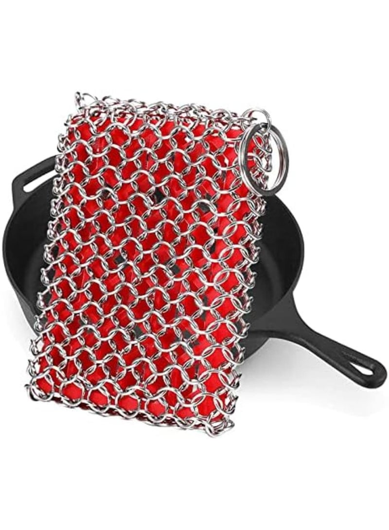Luckam Cast Iron Skillet Cleaner, Upgraded Chainmail Scrubber Chain Scrub Cast Iron Pan 316 Stainless Steel Metal Scraper Brush for Cleaning Castiron Pan, Griddle, Kitchen Cookware (Red) - Image 1