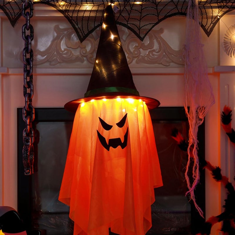 كلاراكو أضواء خارجية لزينة الهالوين من كلاركو، مصباح خارجي، أضواء LED على شكل قبعة ساحرة للهالوين، مصباح رعب معلق، مصباح داخلي لحفلة الهالوين والحديقة المنزلية (برتقالي) - Image 4